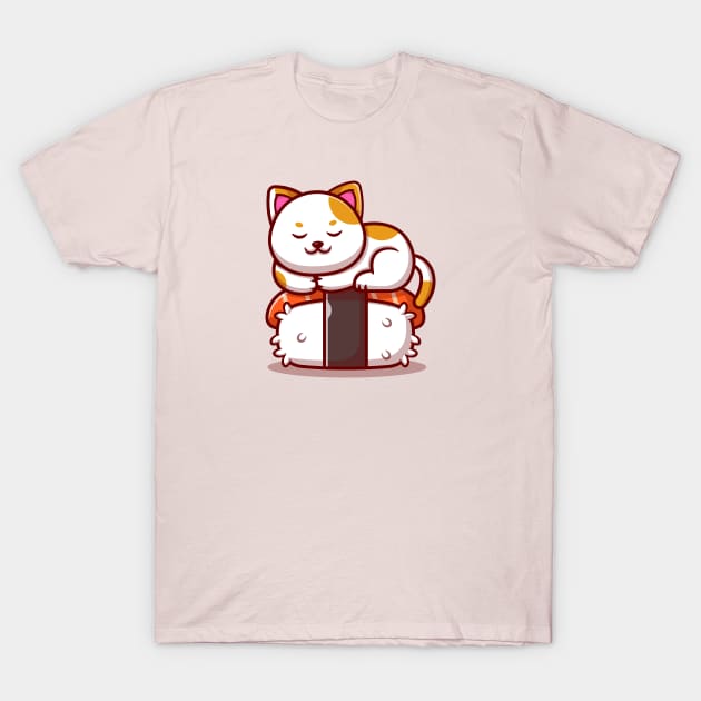 Cute Cat Sleeping On Salmon Sushi Cartoon T-Shirt by Catalyst Labs